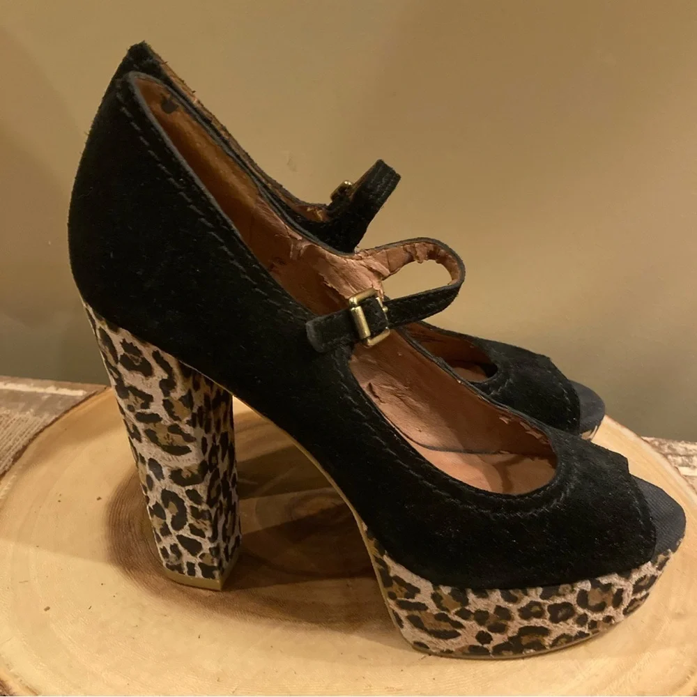 Lucky Brand Neece Womens 8M Black Peep Toe Suede Platform‎ Hi Heels Leopa…